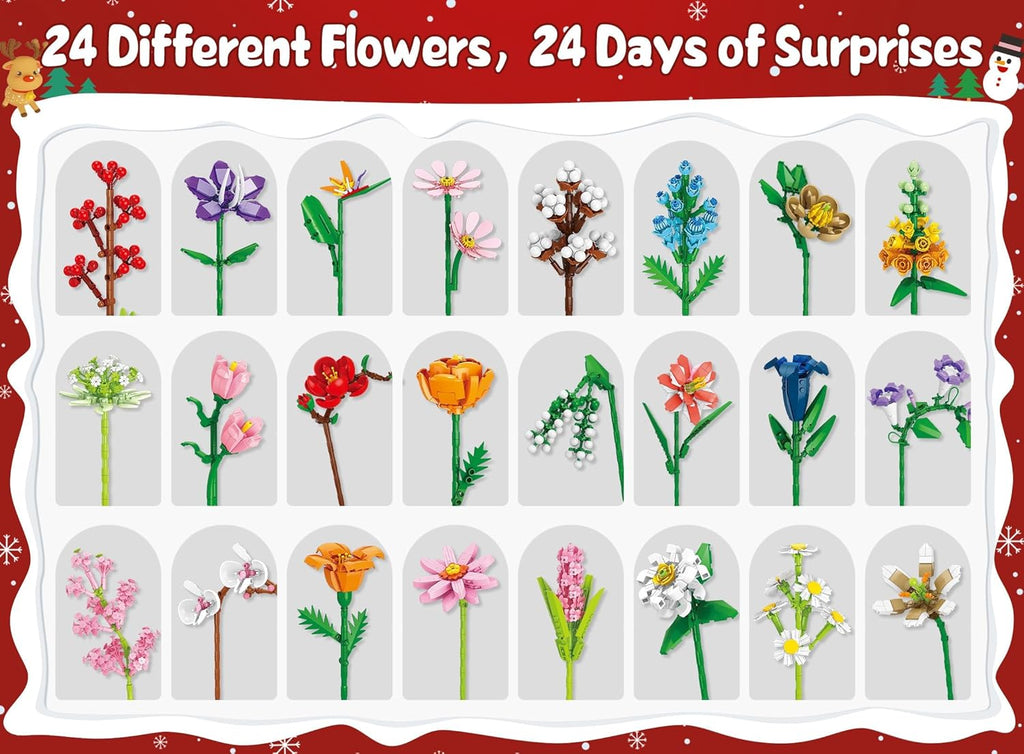 24 Days STEM Flower Bouquet Building Blocks Christmas Countdown Calendar Gifts Box