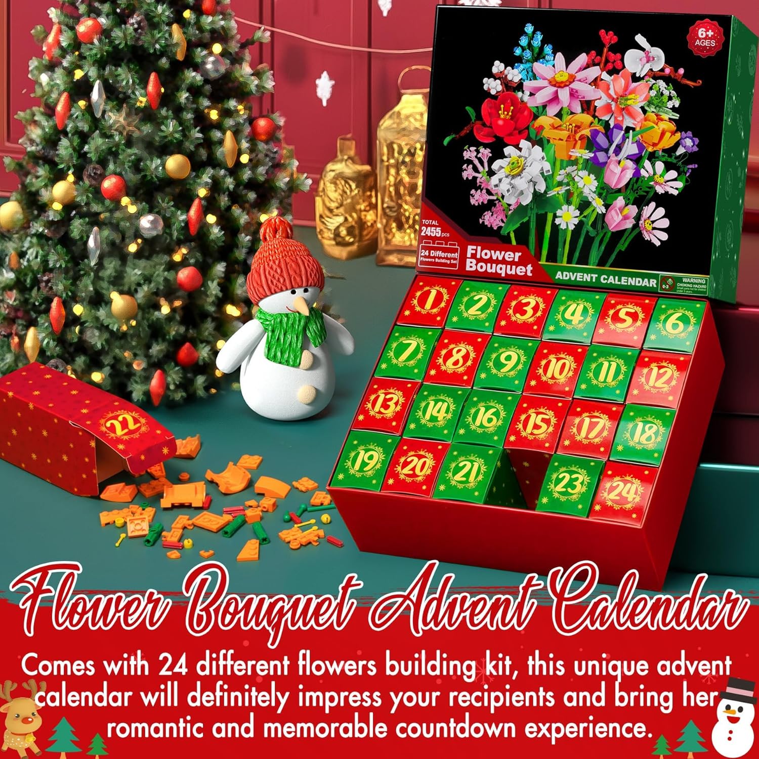 24 Days STEM Flower Bouquet Building Blocks Christmas Countdown Calendar Gifts Box