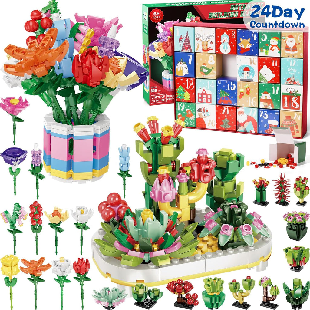 24 Days STEM Flower Bouquet Building Blocks Christmas Countdown Calendar Gifts Box