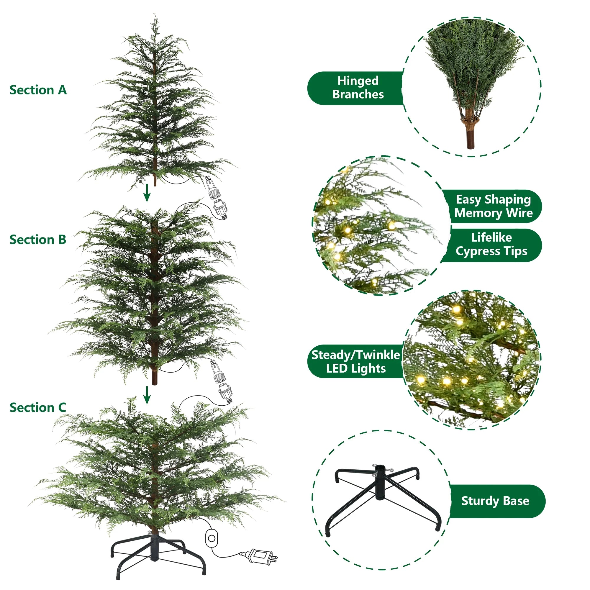7.5' Pre-lit Artificial Green Cypress Tree with 500 Bright Warm White LED Lights