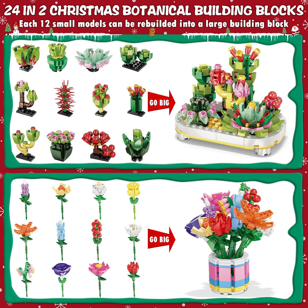 24 Days STEM Flower Bouquet Building Blocks Christmas Countdown Calendar Gifts Box
